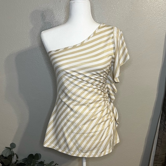 Grass One Shoulder, Ruffle Detail, white and gold top, medium - Picture 1 of 9